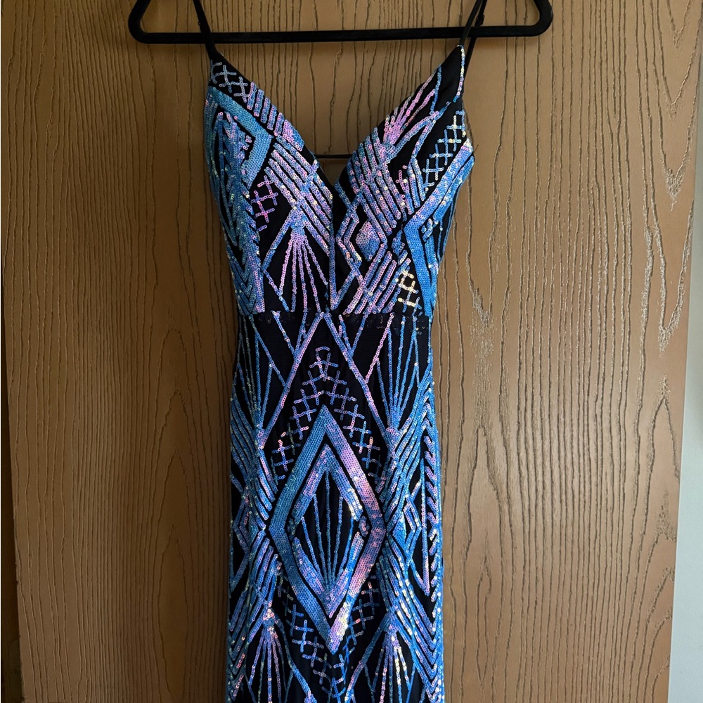 Emerald Sundae Strapless Sequin Slip Dress in Black and Iridescent Blue-Purple